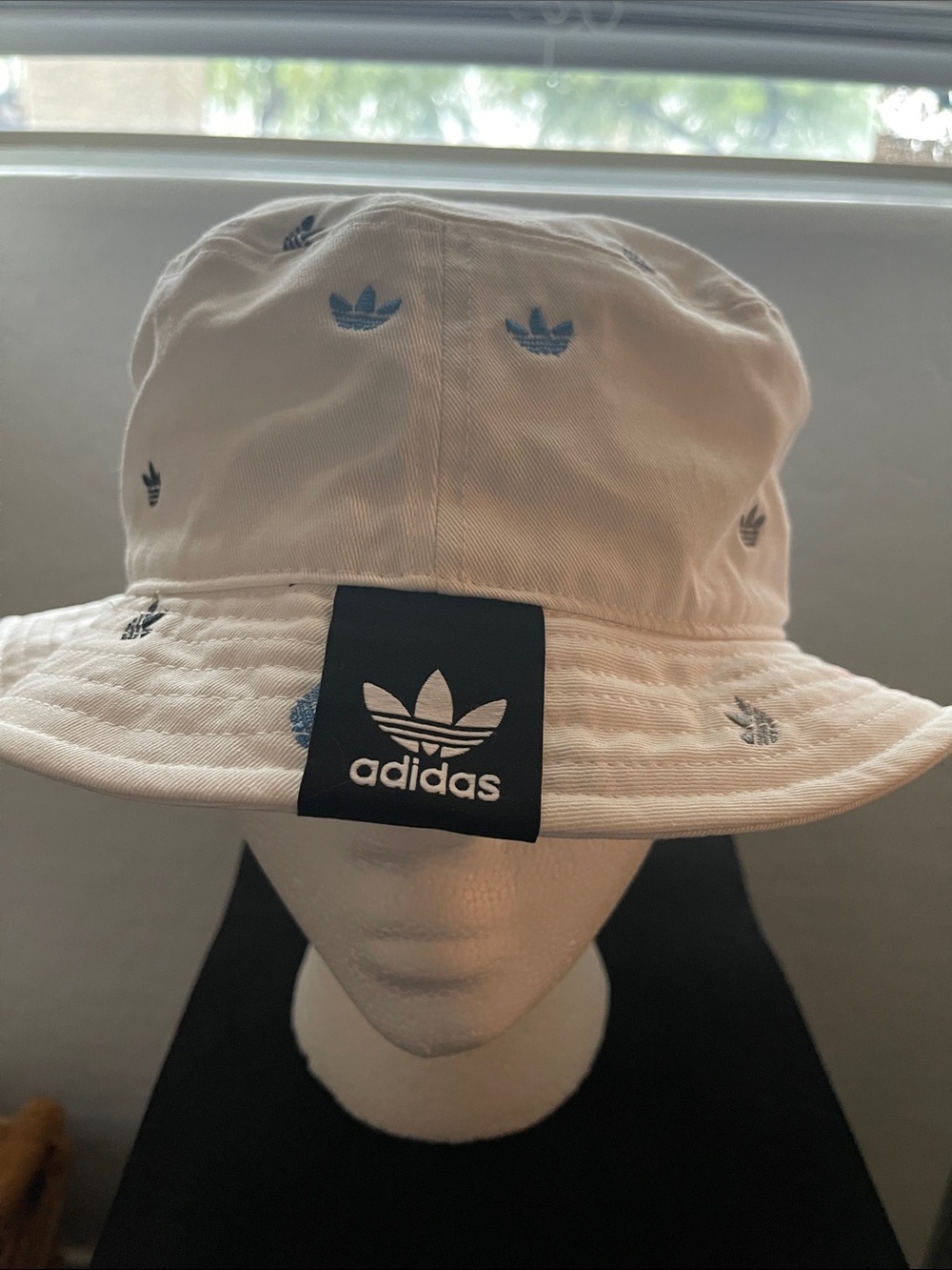 adidas White Bucket Hat with Blue Trefoil Details